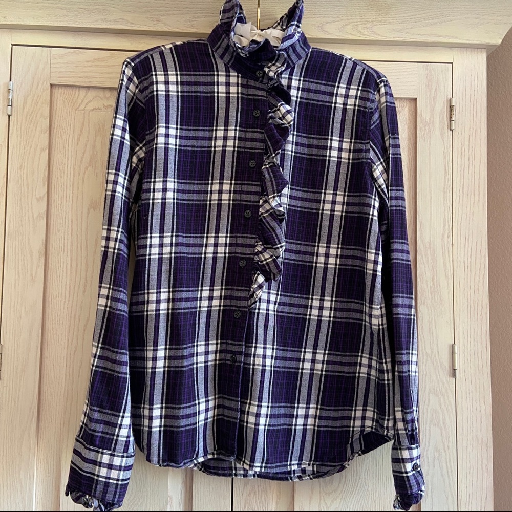 Ralph Lauren Jeans Purple Plaid Ruffled Flannel Blouse | Size Small